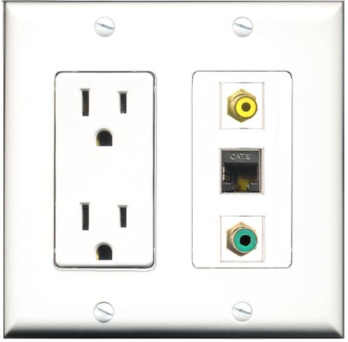 RiteAV - 15 Amp Power Outlet 1 Port RCA Yellow 1 Port RCA Green 1 Port Shielded Cat6 Ethernet Ethernet Decorative Wall Plate