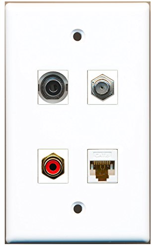 RiteAV - 1 Port RCA Red 1 Port Coax Cable TV- F-Type 1 Port 3.5mm 1 Port Cat6 Ethernet White Wall Plate