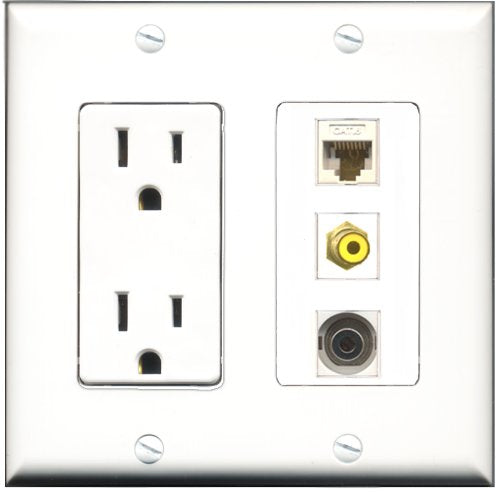 RiteAV - 15 Amp Power Outlet 1 Port RCA Yellow 1 Port 3.5mm 1 Port Cat6 Ethernet Ethernet White Decorative Wall Plate