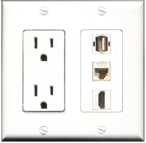 RiteAV - 15 Amp Power Outlet 1 Port HDMI 1 Port USB A-A 1 Port Cat6 Ethernet Ethernet White Decorative Wall Plate