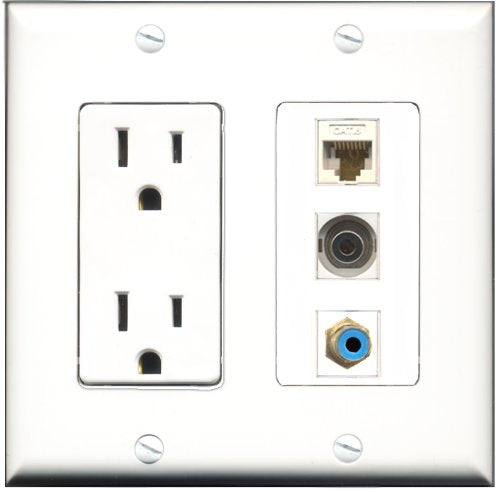 RiteAV - 15 Amp Power Outlet 1 Port RCA Blue 1 Port 3.5mm 1 Port Cat6 Ethernet Ethernet White Decorative Wall Plate