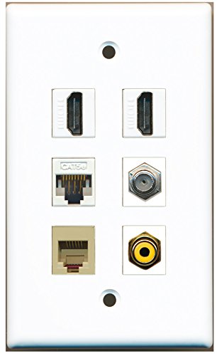 RiteAV - 2 HDMI 1 Port RCA Yellow 1 Port Coax Cable TV- F-Type 1 Port Phone RJ11 RJ12 Beige 1 Port Cat5e Ethernet White Wall Plate