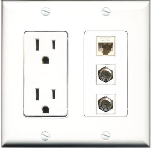 RiteAV - 15 Amp Power Outlet 2 Port Coax 1 Port Cat6 Ethernet Ethernet White Decorative Wall Plate