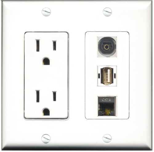 RiteAV - 15 Amp Power Outlet 1 Port USB A-A 1 Port Shielded Cat6 Ethernet Ethernet 1 Port Toslink Decorative Wall Plate