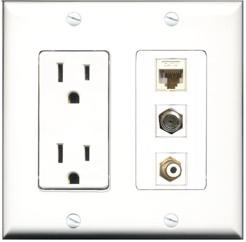 RiteAV - 15 Amp Power Outlet 1 Port RCA White 1 Port RCA Yellow 1 Port Coax Decorative Wall Plate
