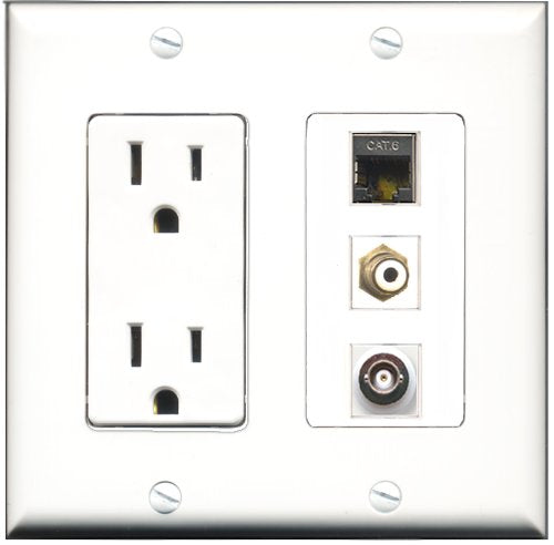 RiteAV - 15 Amp Power Outlet 1 Port RCA White 1 Port Shielded Cat6 Ethernet Ethernet 1 Port BNC Decorative Wall Plate