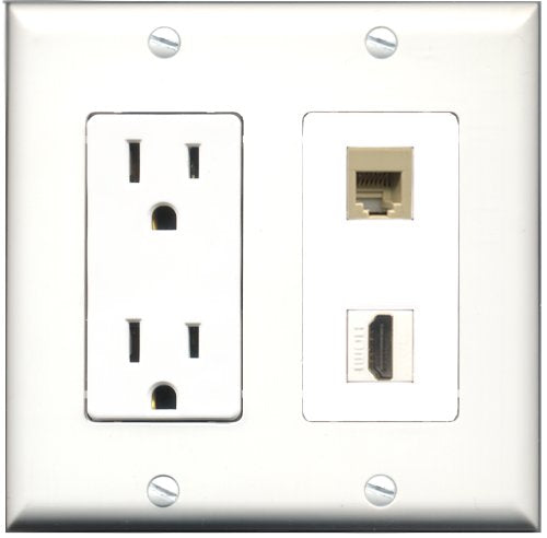 RiteAV - 15 Amp Power Outlet and 1 Port HDMI and 1 Port Phone RJ11 RJ12 Beige Decorative Type Wall Plate White