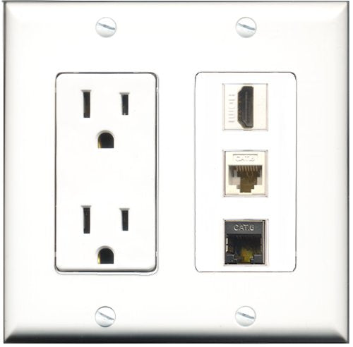 RiteAV - 15 Amp Power Outlet 1 Port HDMI 1 Port Shielded Cat6 Ethernet Ethernet 1 Port Cat6 Ethernet Ethernet White Decorative Wall Plate