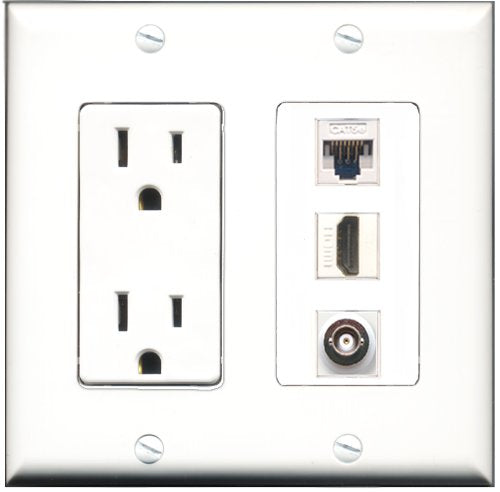 RiteAV - 15 Amp Power Outlet 1 Port HDMI 1 Port BNC 1 Port Cat5e Ethernet White Decorative Wall Plate