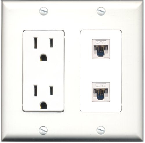 RiteAV - 15 Amp Power Outlet 2 Port Cat5e Ethernet White Decorative Type Wall Plate White