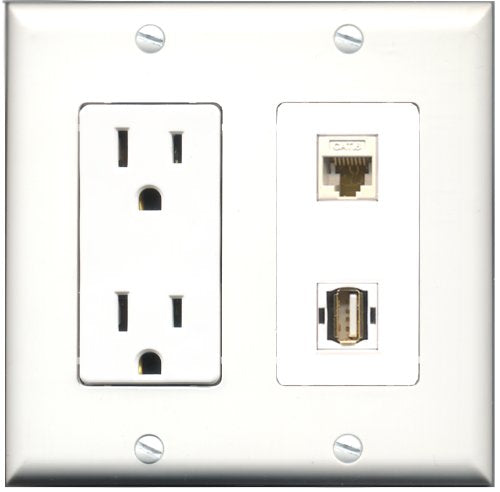 RiteAV - 15 Amp Power Outlet and 1 Port USB A-A and 1 Port Cat6 Ethernet White Decorative Type Wall Plate White