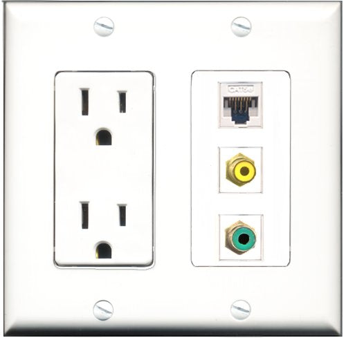 RiteAV - 15 Amp Power Outlet 1 Port RCA Yellow 1 Port RCA Green 1 Port Cat5e Ethernet White Decorative Wall Plate