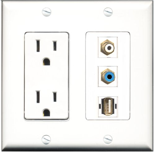 RiteAV - 15 Amp Power Outlet 1 Port RCA White 1 Port RCA Blue 1 Port USB A-A Decorative Wall Plate