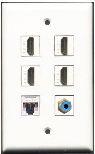 RiteAV - 4 Port HDMI 1 RCA Blue 1 Cat5e Ethernet White Wall Plate