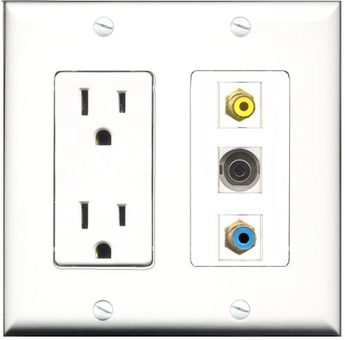 RiteAV - 15 Amp Power Outlet 1 Port RCA Yellow 1 Port RCA Blue 1 Port 3.5mm Decorative Wall Plate