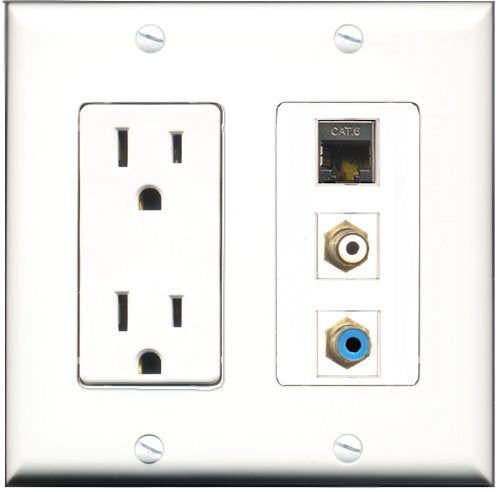 RiteAV - 15 Amp Power Outlet 1 Port RCA White 1 Port RCA Blue 1 Port Shielded Cat6 Ethernet Ethernet Decorative Wall Plate