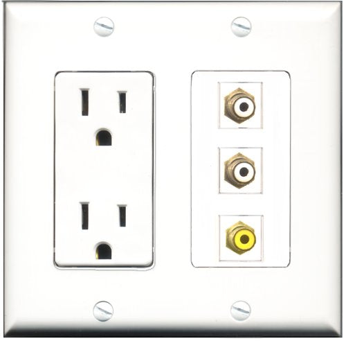 RiteAV - 15 Amp Power Outlet 2 Port RCA White 1 Port RCA Yellow Decorative Wall Plate