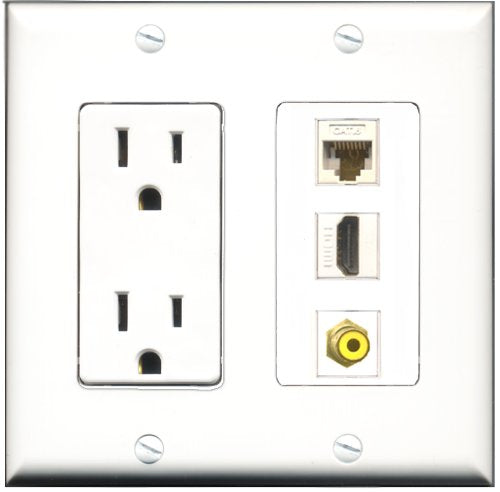 RiteAV - 15 Amp Power Outlet 1 Port HDMI 1 Port RCA Yellow 1 Port Cat6 Ethernet Ethernet White Decorative Wall Plate