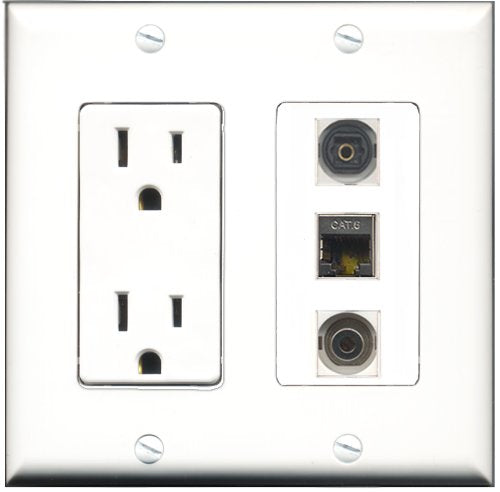 RiteAV - 15 Amp Power Outlet 1 Port Shielded Cat6 Ethernet Ethernet 1 Port Toslink 1 Port 3.5mm Decorative Wall Plate