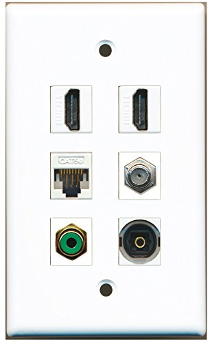 RiteAV - 2 HDMI 1 Port RCA Green 1 Port Coax Cable TV- F-Type 1 Port Toslink 1 Port Cat5e Ethernet White Wall Plate