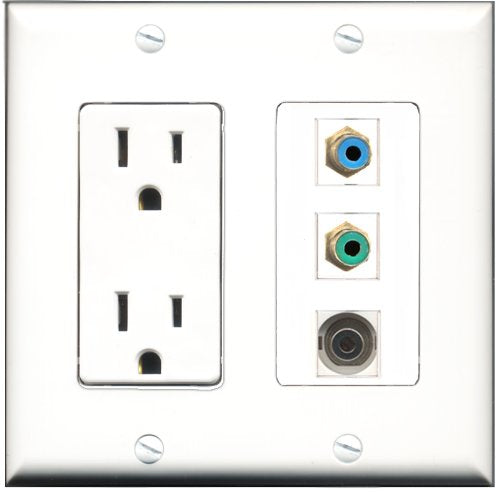 RiteAV - 15 Amp Power Outlet 1 Port RCA Green 1 Port RCA Blue 1 Port 3.5mm Decorative Wall Plate