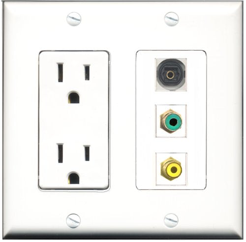 RiteAV - 15 Amp Power Outlet 1 Port RCA Yellow 1 Port RCA Green 1 Port Toslink Decorative Wall Plate