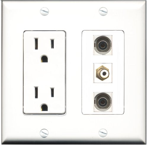 RiteAV - 15 Amp Power Outlet 1 Port RCA White 2 Port 3.5mm Decorative Wall Plate