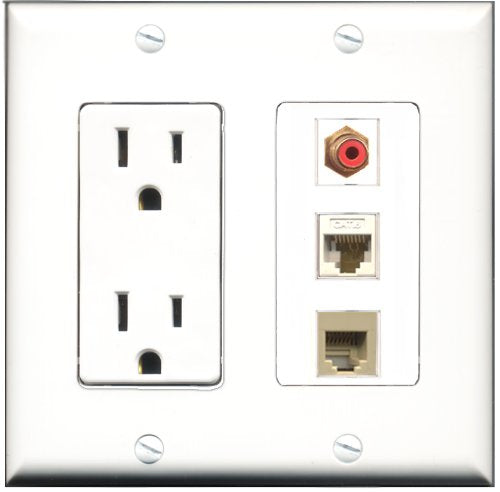 RiteAV - 15 Amp Power Outlet 1 Port RCA Red 1 Port Phone Beige 1 Port Cat6 Ethernet Ethernet White Decorative Wall Plate