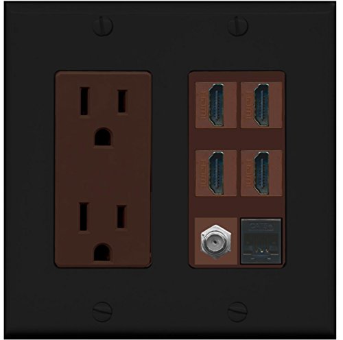 RiteAV 15A Power Outlet, 4 HDMI, 1 Cat5e Ethernet, 1 Coax Cable TV Wall Plate - Black/Brown