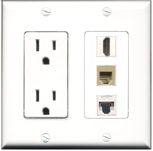 RiteAV - 15 Amp Power Outlet 1 Port HDMI 1 Port Phone Beige 1 Port Cat5e Ethernet White Decorative Wall Plate