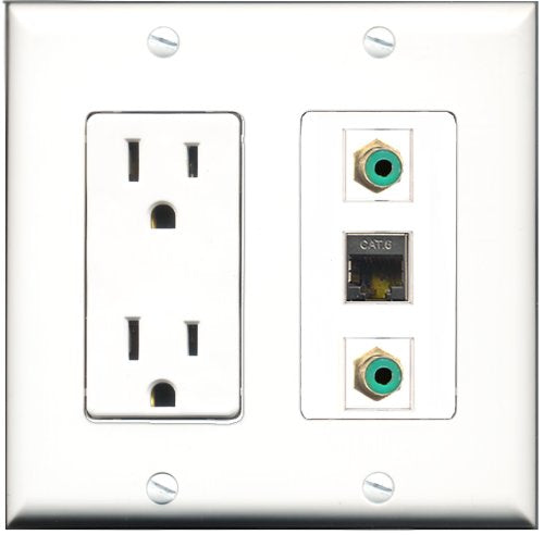 RiteAV - 15 Amp Power Outlet 2 Port RCA Green 1 Port Shielded Cat6 Ethernet Ethernet Decorative Wall Plate