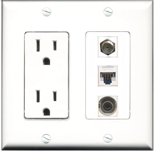 RiteAV - 15 Amp Power Outlet 1 Port Coax 1 Port 3.5mm 1 Port Cat5e Ethernet White Decorative Wall Plate