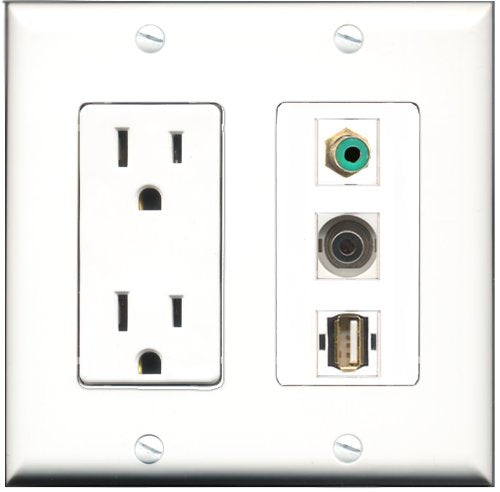 RiteAV - 15 Amp Power Outlet 1 Port RCA Green 1 Port USB A-A 1 Port 3.5mm Decorative Wall Plate
