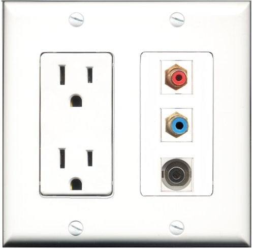 RiteAV - 15 Amp Power Outlet 1 Port RCA Red 1 Port RCA Blue 1 Port 3.5mm Decorative Wall Plate