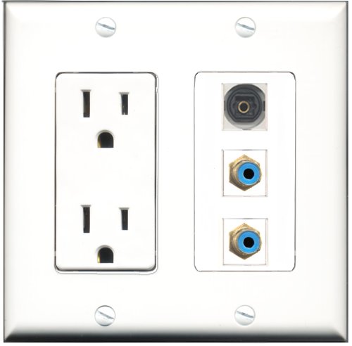 RiteAV - 15 Amp Power Outlet 2 Port RCA Blue 1 Port Toslink Decorative Wall Plate