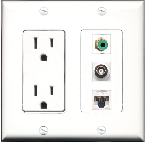 RiteAV - 15 Amp Power Outlet 1 Port RCA Green 1 Port BNC 1 Port Cat5e Ethernet White Decorative Wall Plate