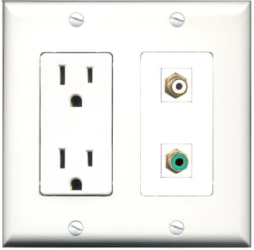 RiteAV - 15 Amp Power Outlet and 1 Port RCA White and 1 Port RCA Green Decorative Type Wall Plate White