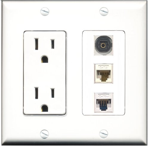 RiteAV - 15 Amp Power Outlet 1 Port Toslink 1 Port Cat5e Ethernet White 1 Port Cat6 Ethernet Ethernet White Decorative Wall Plate