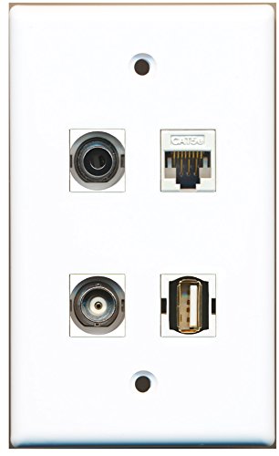 RiteAV - 1 Port USB A-A 1 Port 3.5mm 1 Port BNC 1 Port Cat5e Ethernet White Wall Plate