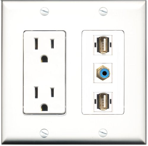 RiteAV - 15 Amp Power Outlet 1 Port RCA Blue 2 Port USB A-A Decorative Wall Plate