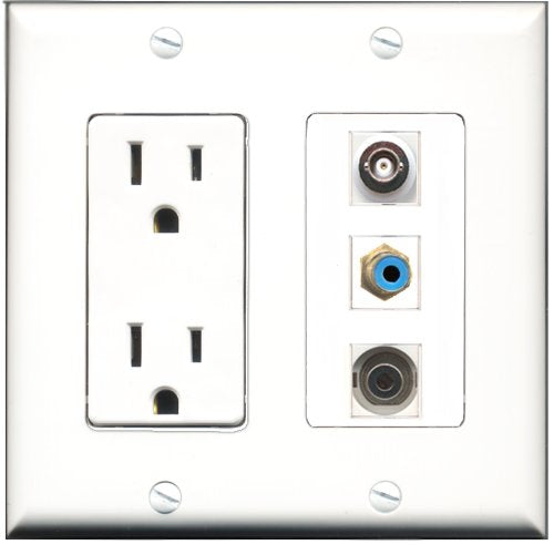 RiteAV - 15 Amp Power Outlet 1 Port RCA Blue 1 Port 3.5mm 1 Port BNC Decorative Wall Plate