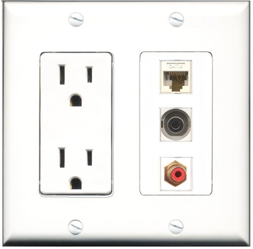RiteAV - 15 Amp Power Outlet 1 Port RCA Red 1 Port Shielded Cat6 Ethernet Ethernet 1 Port 3.5mm Decorative Wall Plate