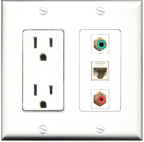 RiteAV - 15 Amp Power Outlet 1 Port RCA Red 1 Port RCA Green 1 Port Cat6 Ethernet Ethernet White Decorative Wall Plate