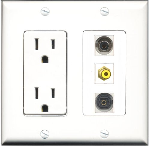 RiteAV - 15 Amp Power Outlet 1 Port RCA Yellow 1 Port Toslink 1 Port 3.5mm Decorative Wall Plate