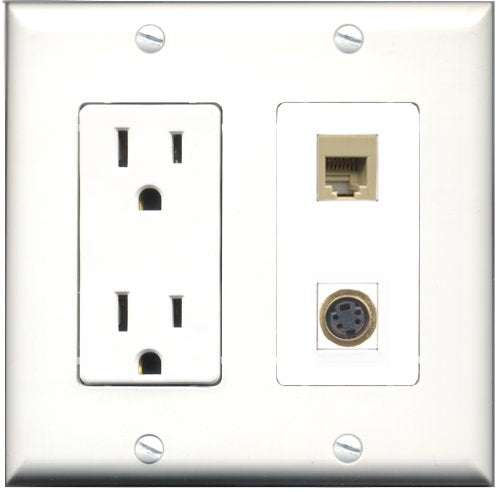 RiteAV - 15 Amp Power Outlet and 1 Port Phone RJ11 RJ12 Beige and 1 Port S-Video Decorative Type Wall Plate White