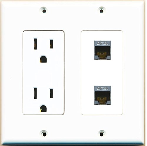 RiteAV - (2 Gang Decorative) 15 Amp 125 Volt Power Outlet and 2 Cat6a Wall Plate White