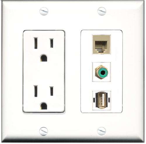 RiteAV - 15 Amp Power Outlet 1 Port RCA Green 1 Port USB A-A 1 Port Phone Beige Decorative Wall Plate
