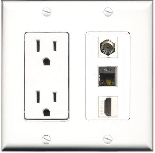 RiteAV - 15 Amp Power Outlet 1 Port HDMI Coax Shielded Cat6 Ethernet Ethernet Wall Plate - White