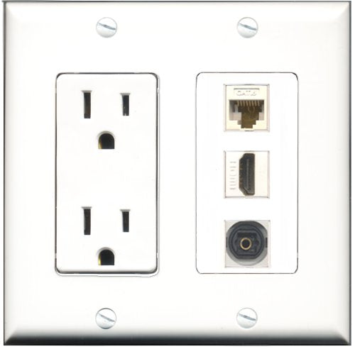 RiteAV - 15 Amp Power Outlet 1 Port HDMI 1 Port Toslink 1 Port Cat6 Ethernet Ethernet White Decorative Wall Plate