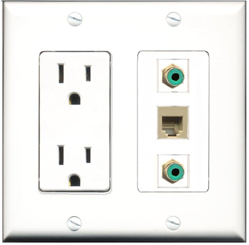 RiteAV - 15 Amp Power Outlet 2 Port RCA Green 1 Port Phone Beige Decorative Wall Plate